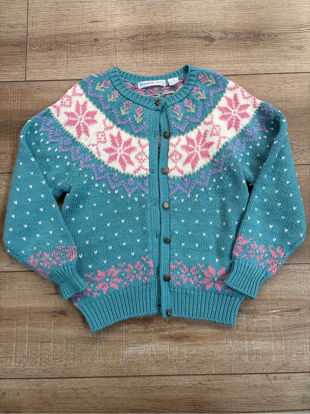 Vintage Northern Isles Fair Isle Nordic Cardigan Sweater Teal Pink M